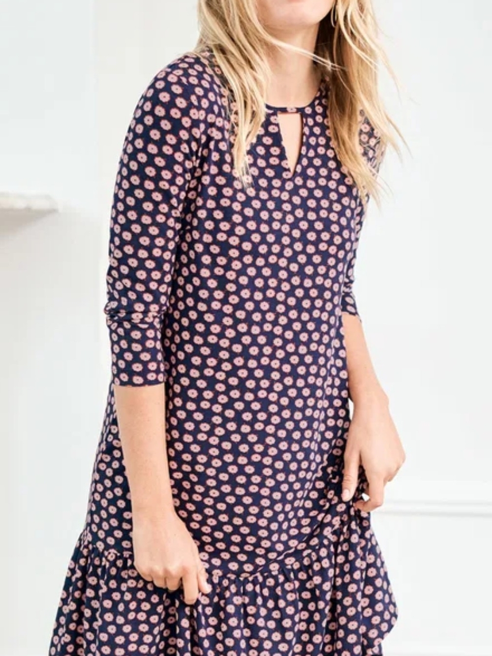 Boden Selena Dress Navy Floral Print Keyhole Midi Dress Cotton